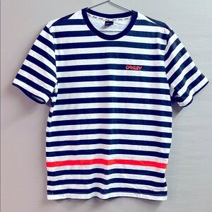 Oakley Navy and White Striped T-Shirt with Red Accent